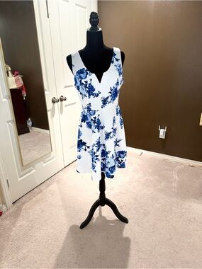 Blue Floral V-Neck Sleeveless Dress